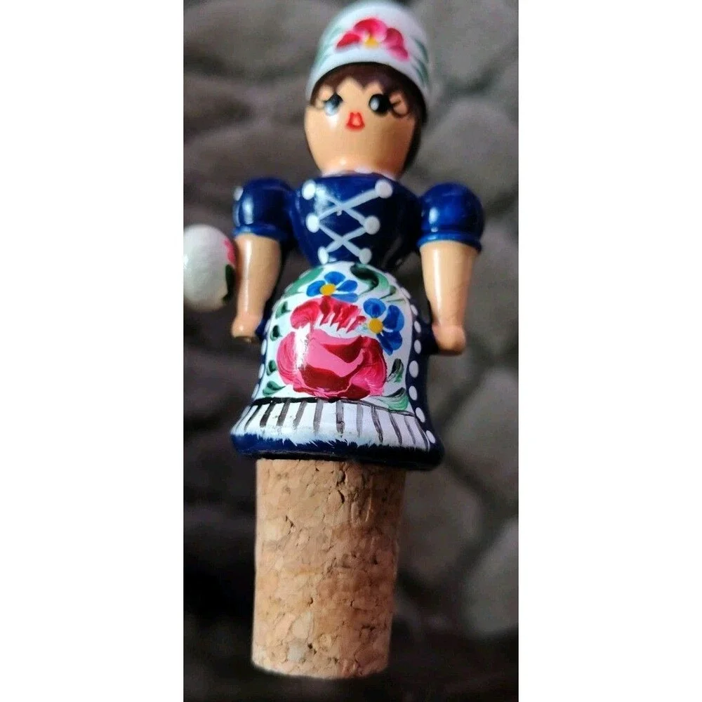 3 Hungarian Folk Art Wooden Painted Bottle Cord Screws & Stopper